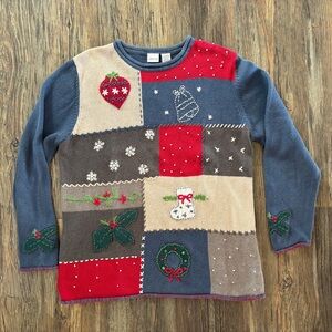 Vtg Cherokee Christmas Sweater XL Blue Patchwork Embroidered Wreath Stocking